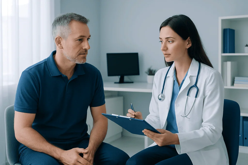 Doctor consulting with male patient in a medical office setting.