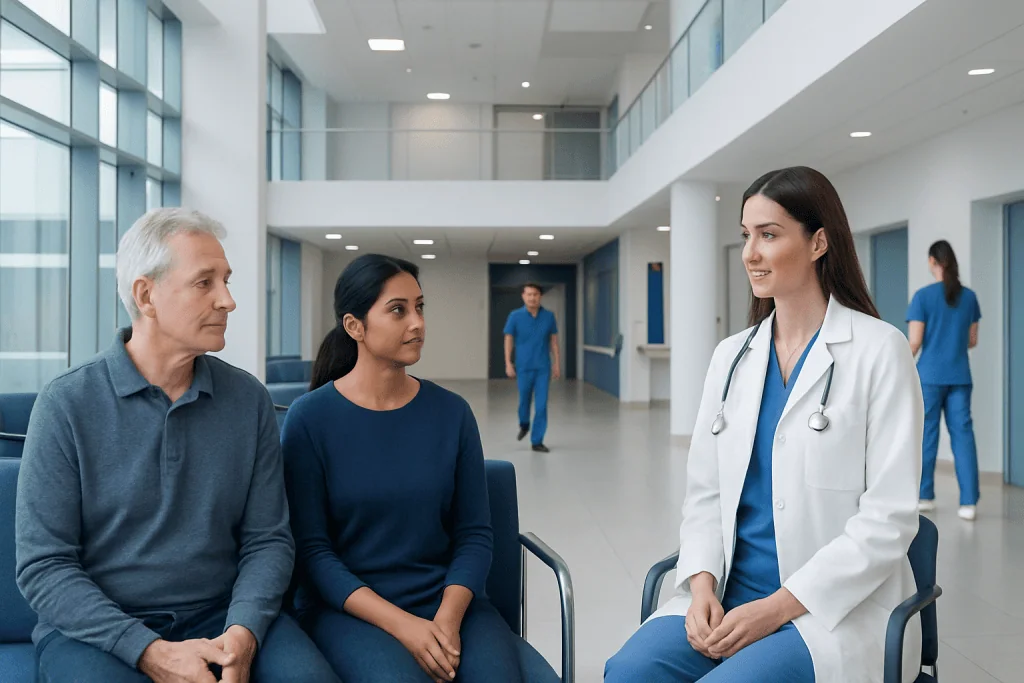 Trulance vs Linzess: Key Differences and How Doctors Tell Them Apart 1 Doctor consulting with two patients in a modern hospital lobby.
