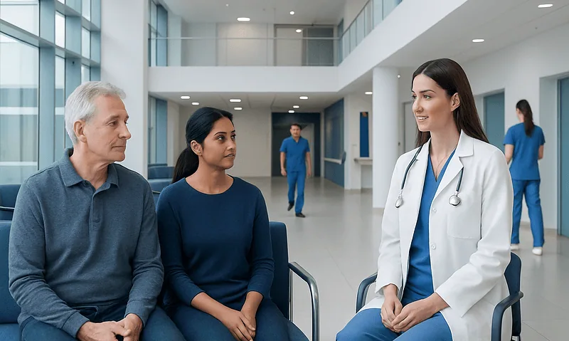 Doctor consulting with two patients in a modern hospital lobby.