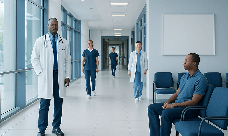 Medical team in hospital corridor with patient waiting area.