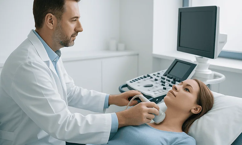 Doctor performing thyroid ultrasound on a patient in a medical clinic.