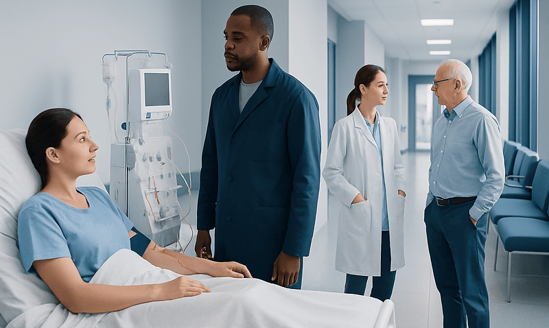 Medical team consulting with patient in hospital room at Acibadem Hospitals Group.