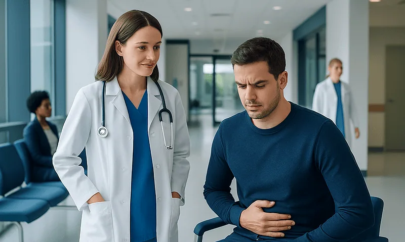 Doctor examining a patient with stomach pain in hospital corridor.