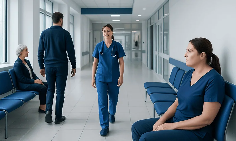 Hospital corridor with healthcare professionals and patients at Acibadem Hospitals Group.
