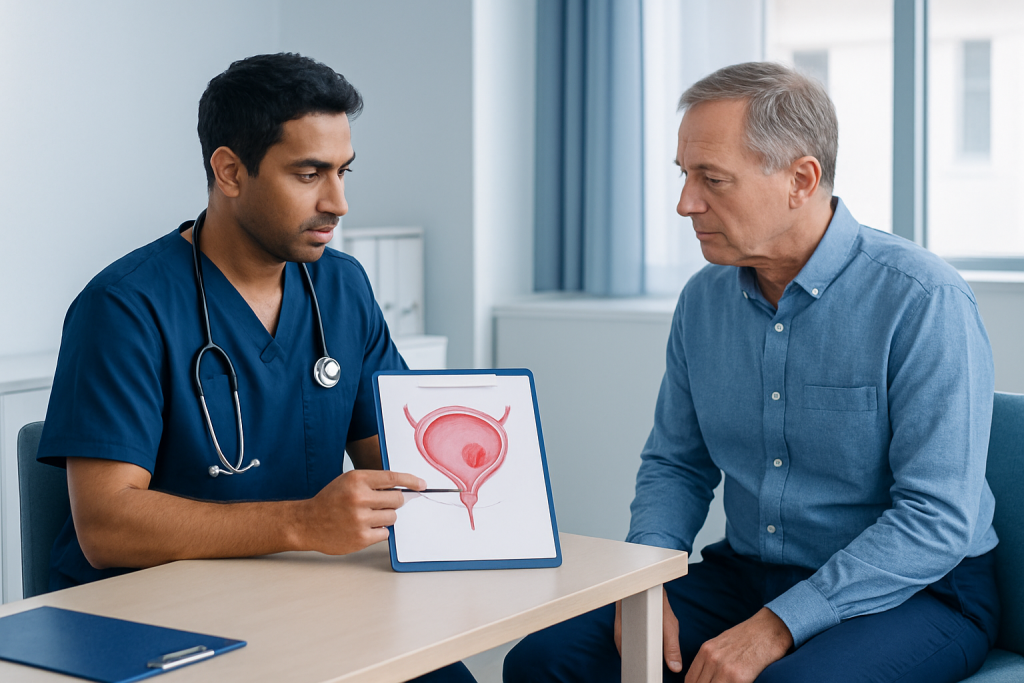 Urologist explaining bladder diagram to patient in consultation room.