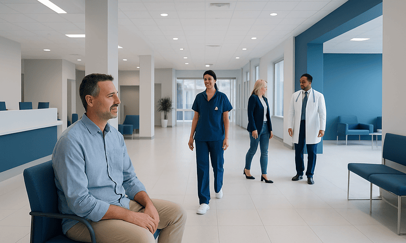 Hospital waiting area with medical staff and patient in Turkey.