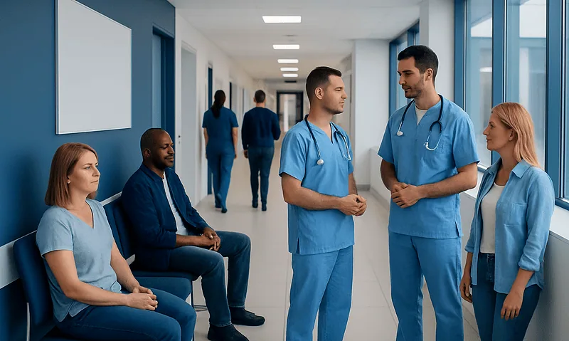 Medical team discussing patient care in hospital corridor with waiting patients.