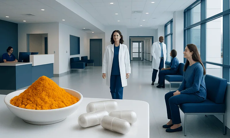 Modern hospital waiting area with medical staff and patients, turmeric supplement, and capsules on a.