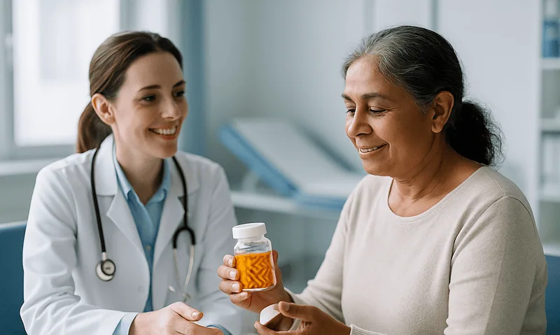 Doctor handing supplement bottle to elderly woman in clinic setting.