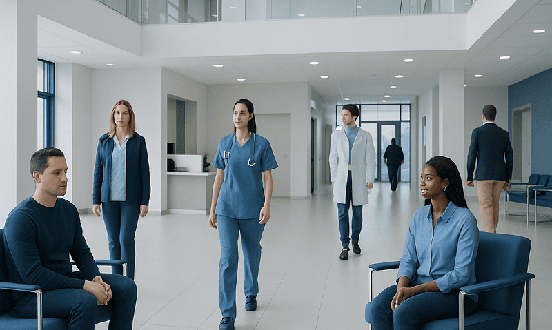 Hospital waiting area with medical staff and patients.