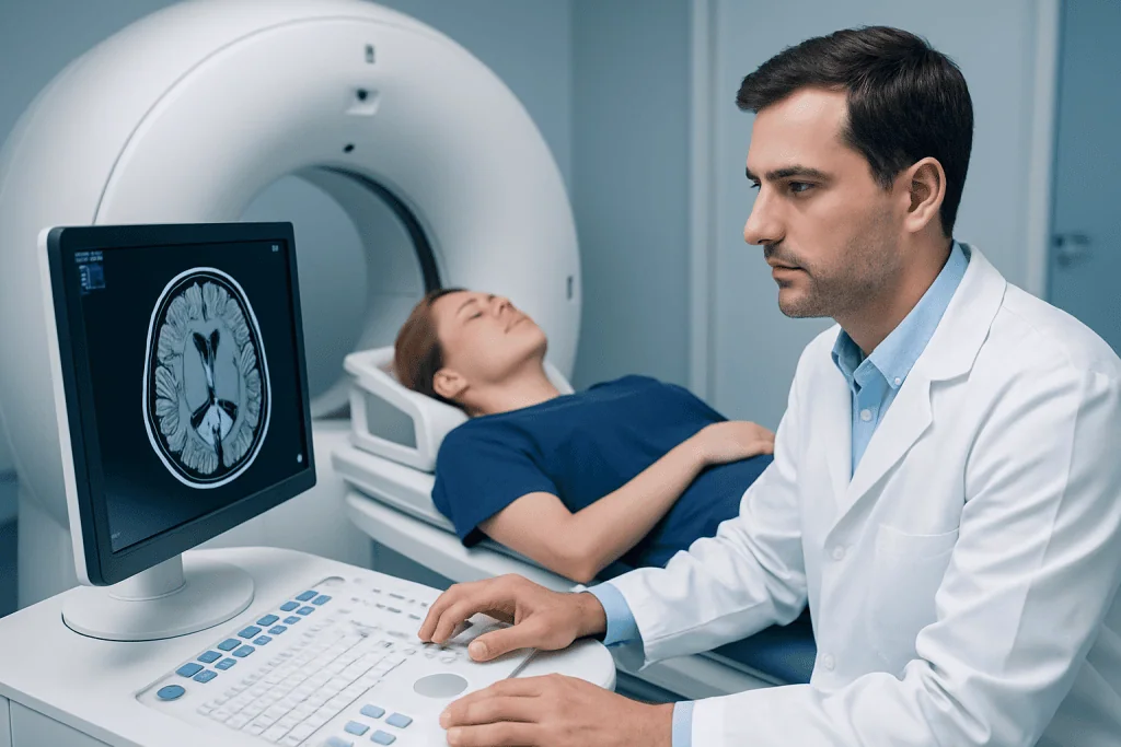 Doctor analyzing brain MRI scan of a patient in hospital.