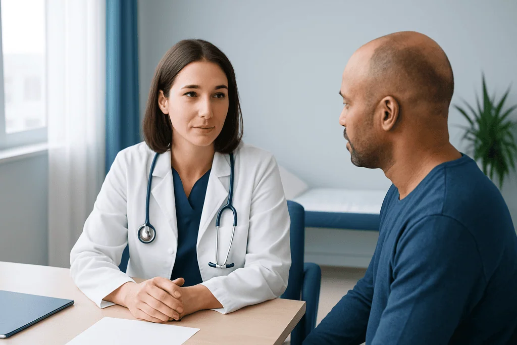 Doctor consulting with male patient in a medical office setting.
