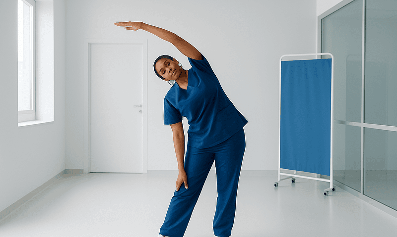 Female healthcare worker stretching in a clinical setting.