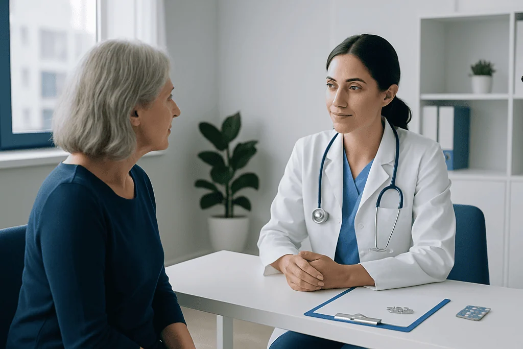 Doctor consulting with an elderly female patient in a modern clinic.