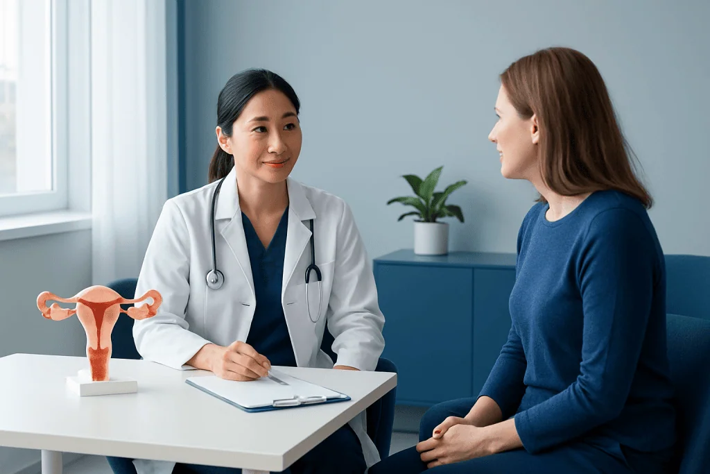 Gynecologist consulting with a patient about cervical health in a modern clinic.