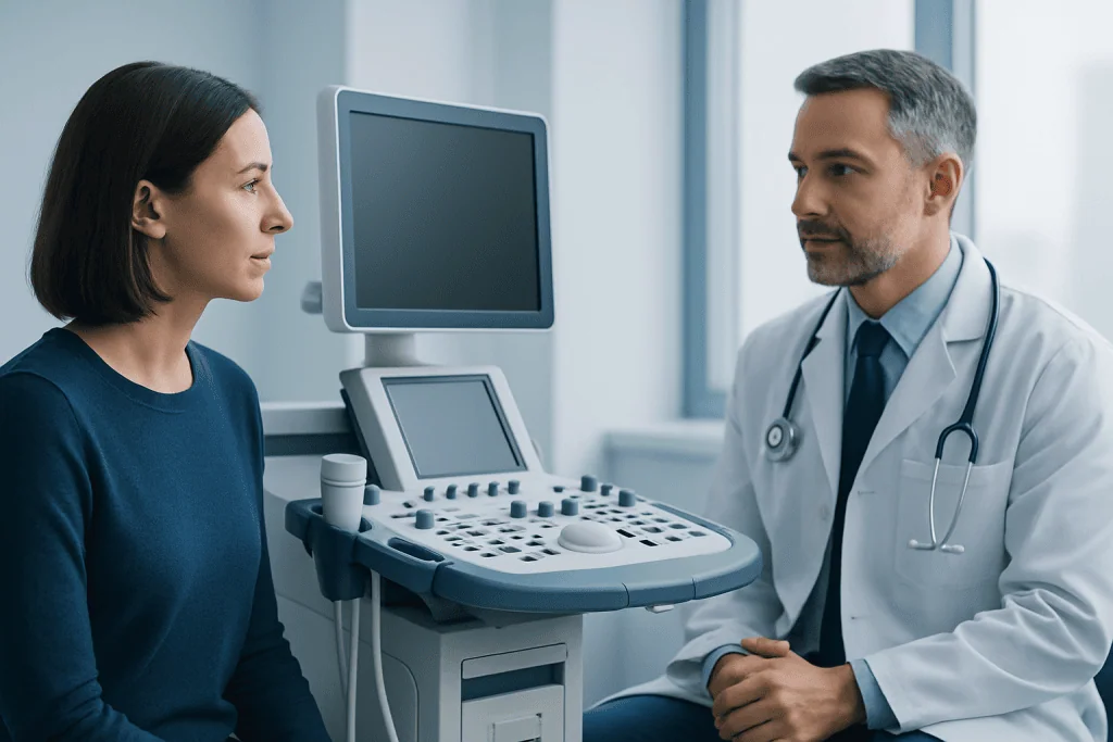 Doctor consulting with a patient in a medical examination room.