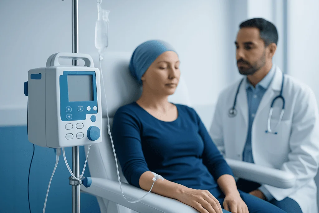 Patient receiving IV therapy in a hospital setting at Acibadem Hospitals Group.
