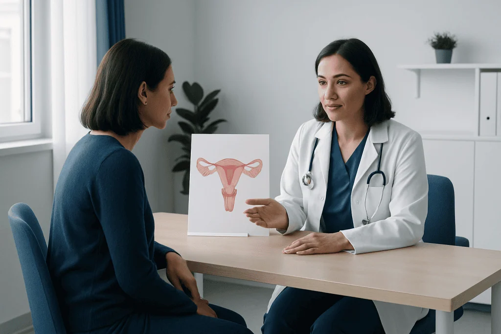 Gynecologist explaining uterine health to a patient in a consultation room.