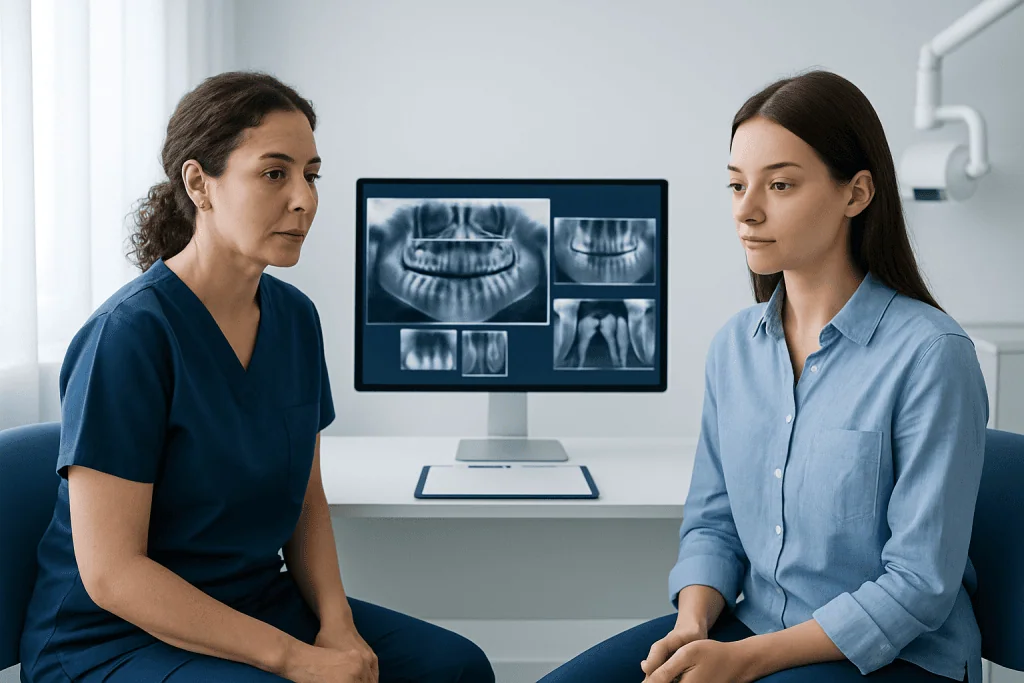Dentist and patient discussing dental X-rays in a clinic setting.