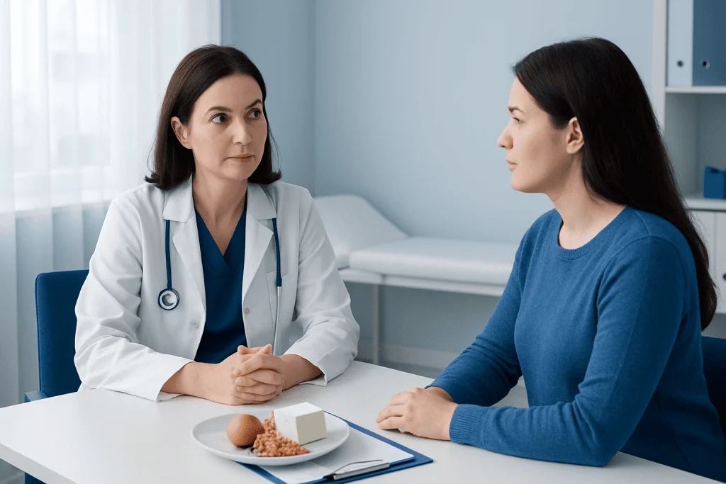 Doctor consulting patient about dietary options in a clinical setting.