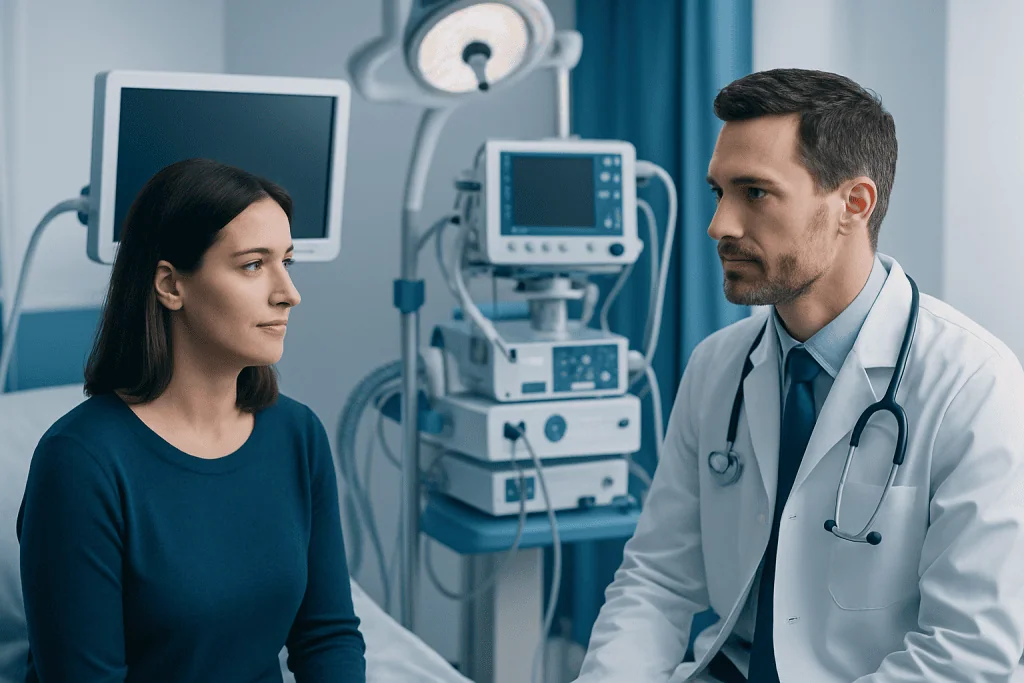 Doctor consulting a patient in a hospital room with medical equipment.