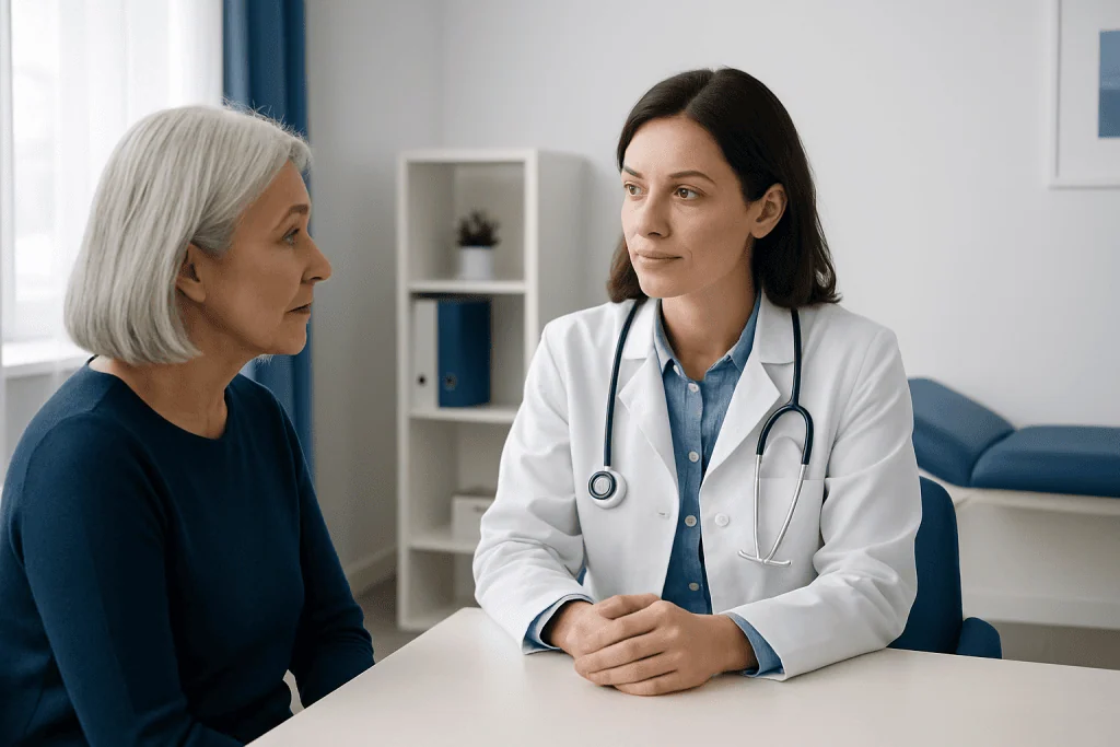 Doctor consulting with an elderly female patient in a medical office.
