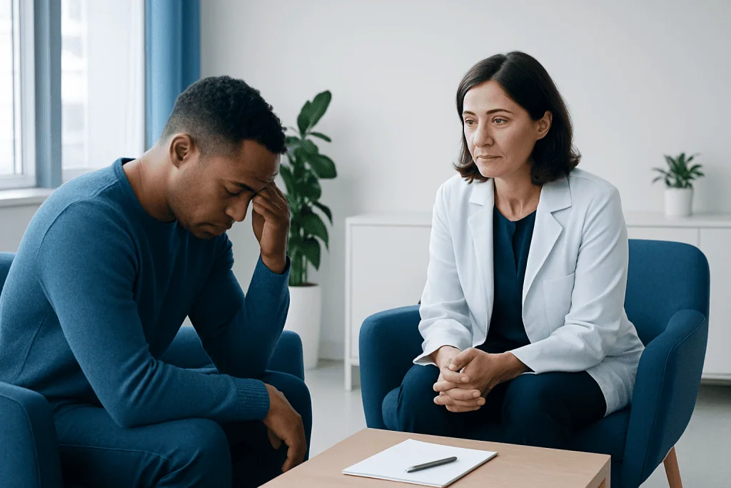 Therapist and patient in a counseling session at Acibadem Hospitals Group.