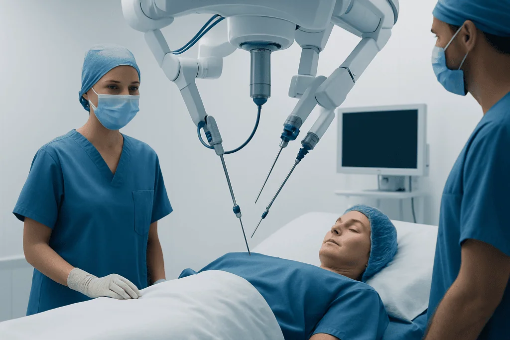 Surgeons perform a minimally invasive hysterectomy using robotic surgical system.