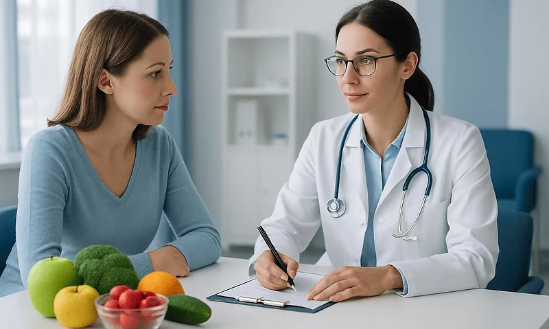 Doctor consulting with patient in a medical office setting.