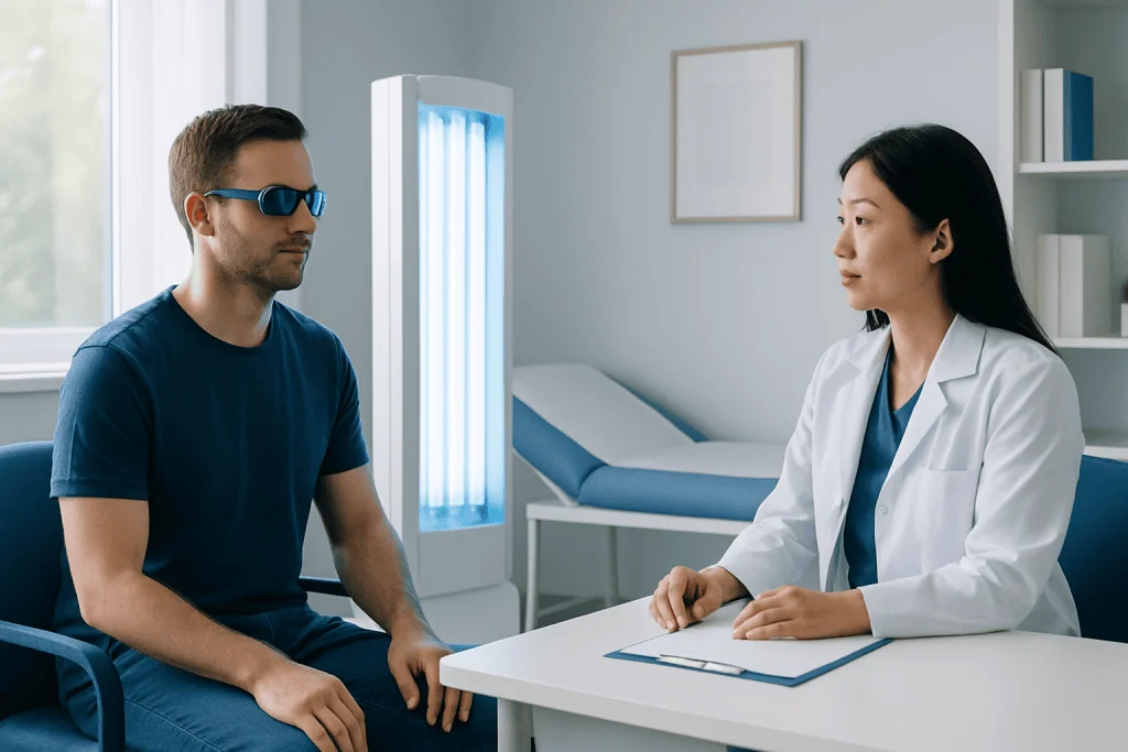 Patient undergoing UV light therapy at a medical clinic.
