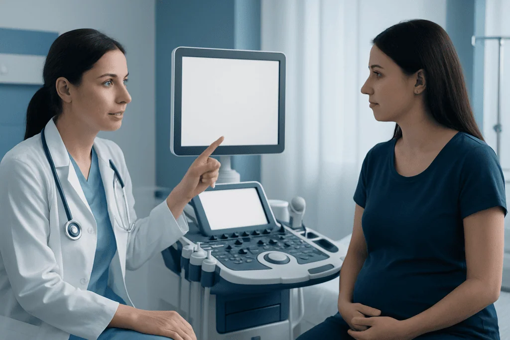 Doctor explaining ultrasound results to a patient in a medical clinic.