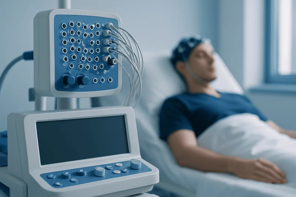 Medical device used for sleep disorder diagnosis in a hospital setting.