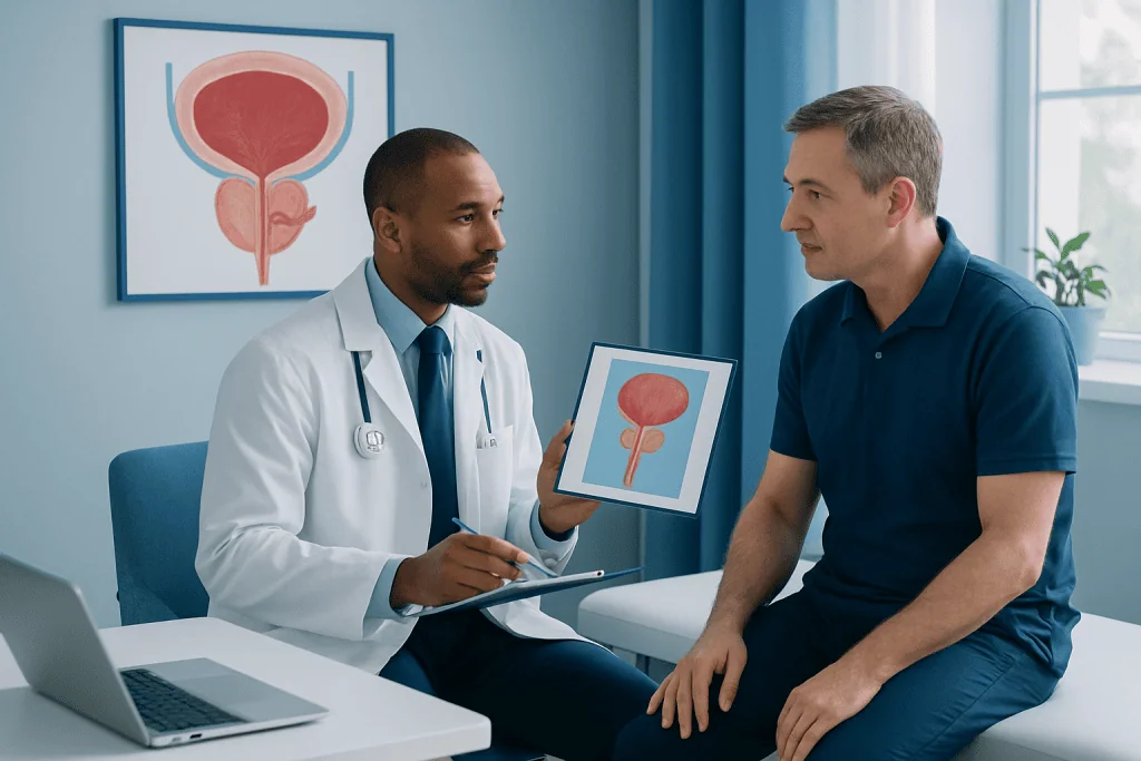 Urologist explains prostate health to patient during consultation at Acibadem Hospital.