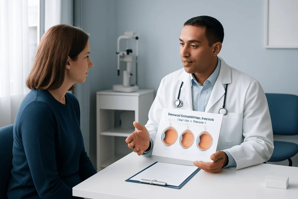 Doctor explaining retinal conditions to a patient in a consultation room.