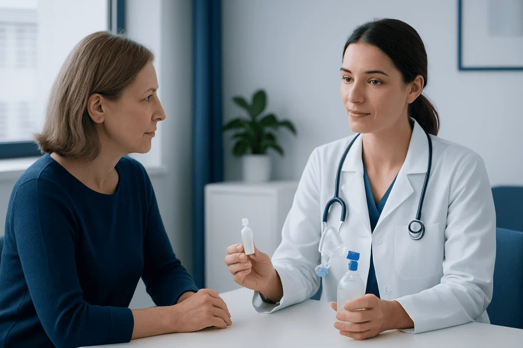 Doctor explaining saline nebulizer solution to patient in clinic setting.