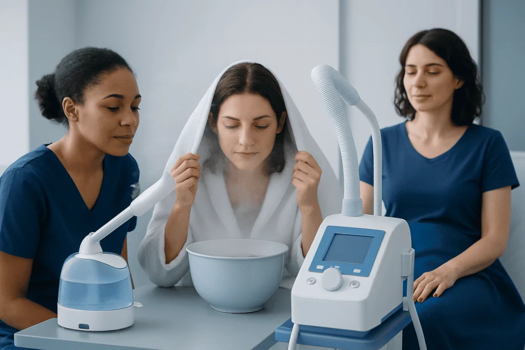 Patient undergoing steam therapy at Acibadem Hospital with medical staff assistance.