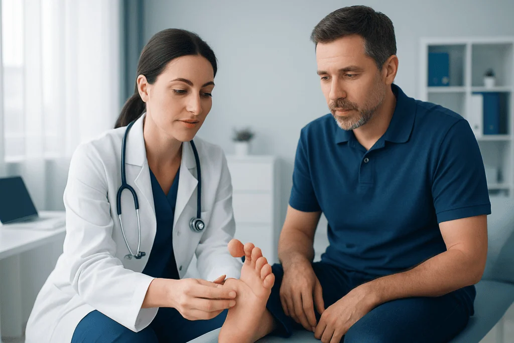 Doctor examining patient's foot in a medical consultation room.