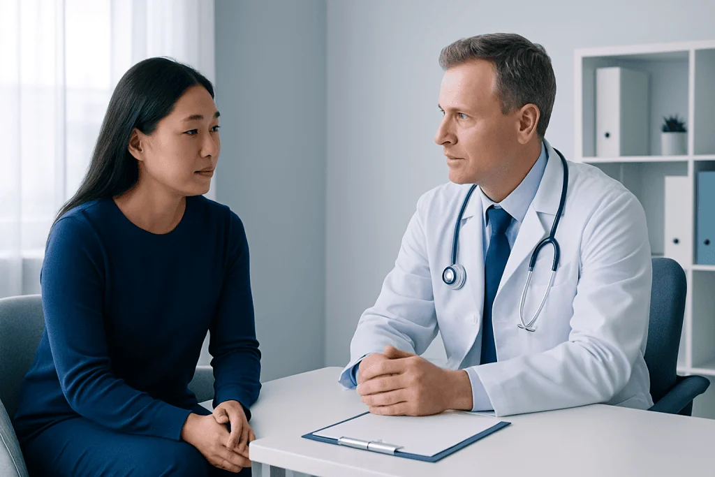 Doctor consulting with a patient in a modern medical office.