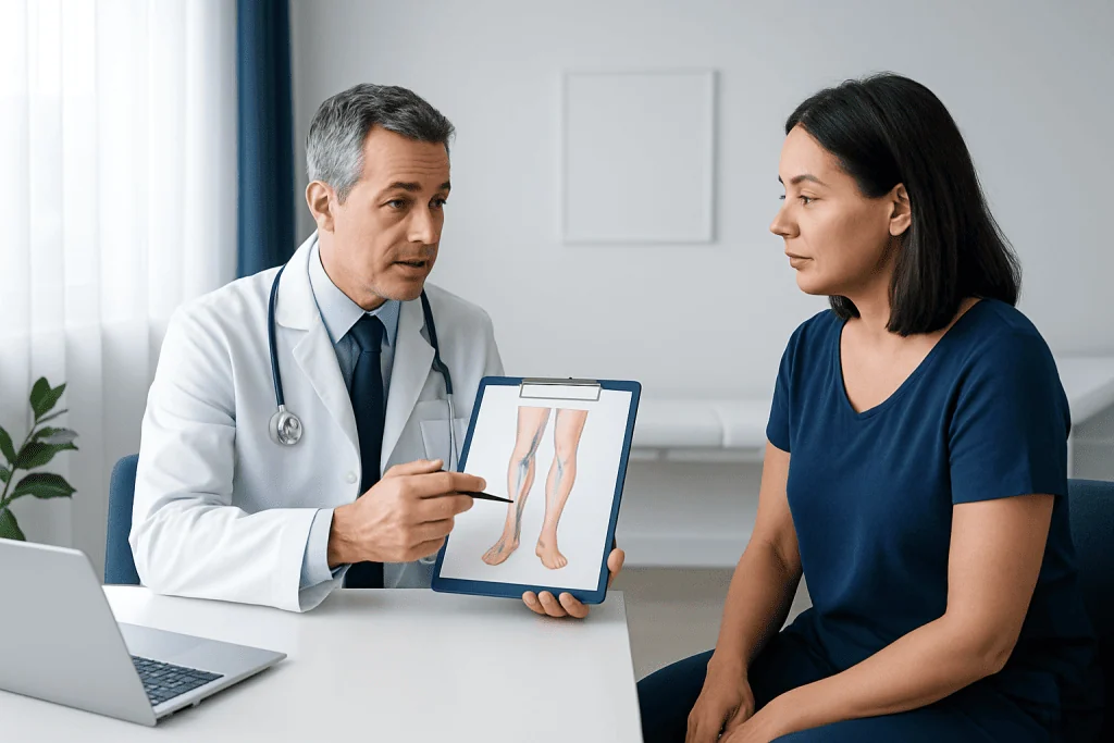 Doctor explaining vein treatment options to a patient in a consultation room.