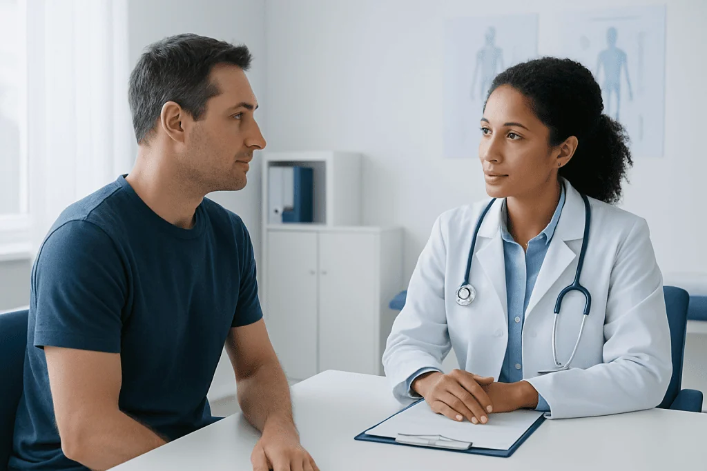 Doctor consulting with male patient in a medical office setting.