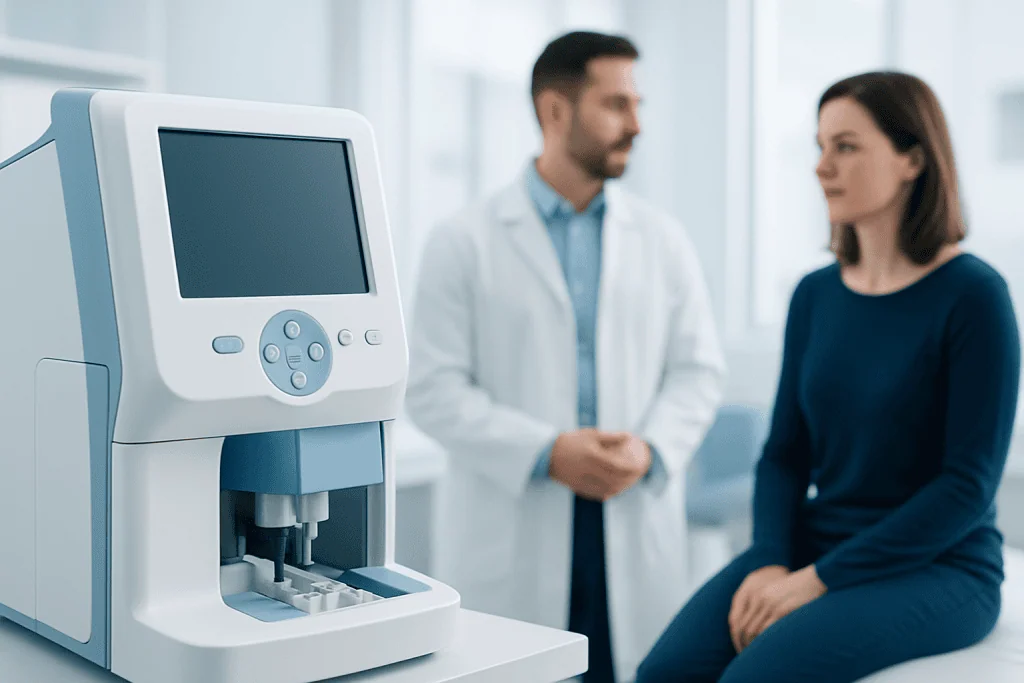 Medical device in a hospital with doctor and patient in background.