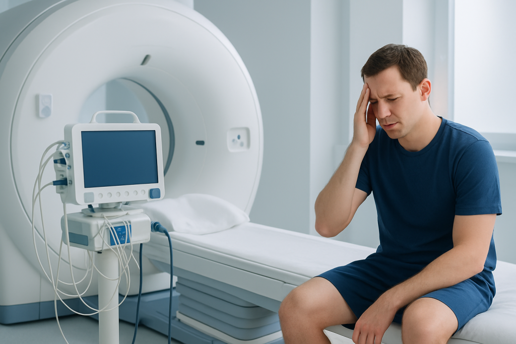 Man experiencing headache in a medical imaging room at Acibadem Hospitals.