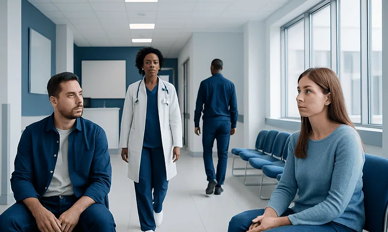 Patients waiting in a hospital corridor with a healthcare professional present.
