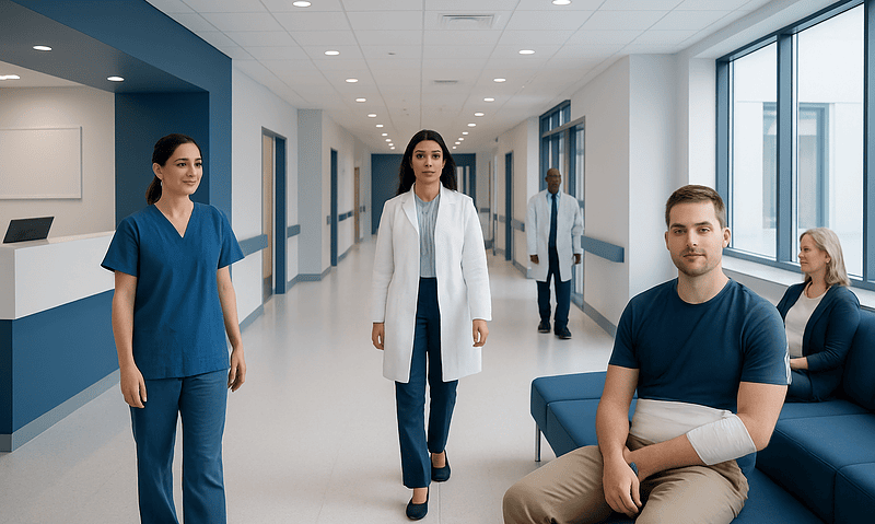 Hospital corridor with medical staff and patient after UCL tear treatment.