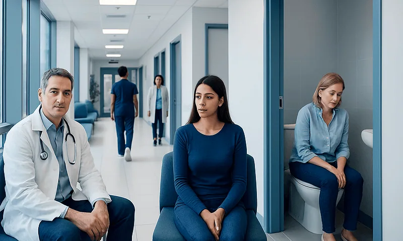 Patients waiting in a hospital corridor, one woman on the toilet, others seated.
