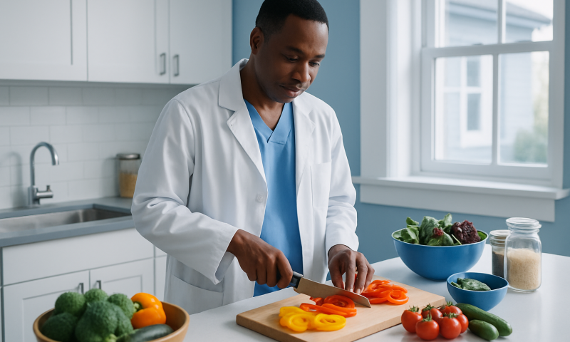 Doctor preparing fresh vegetables in a modern kitchen for healthy eating.