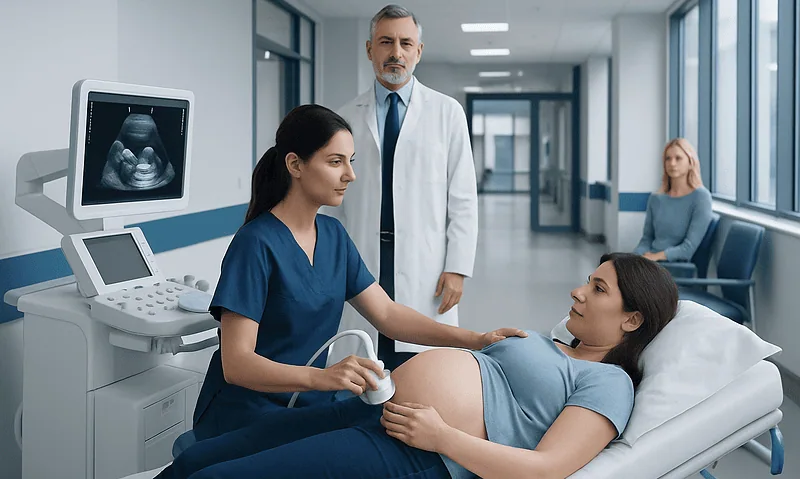 Pregnant woman undergoing ultrasound in hospital room with medical staff.