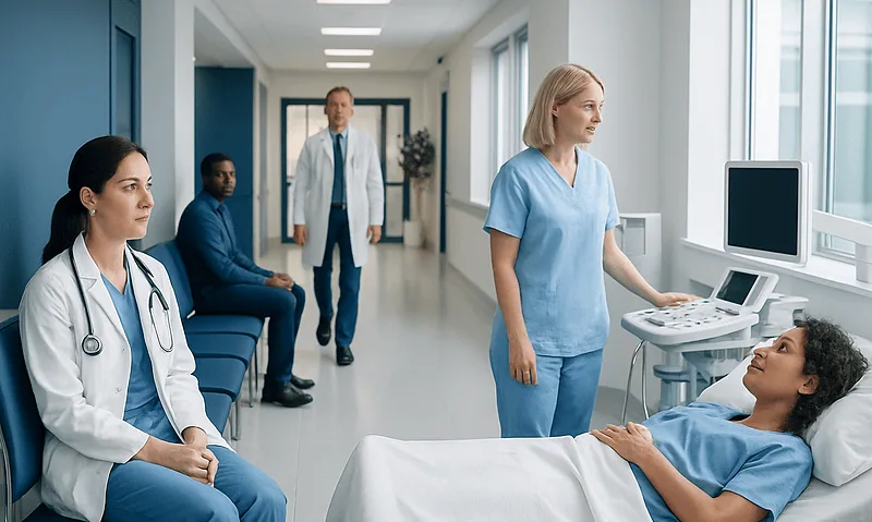 Medical team consulting with patient in hospital room.
