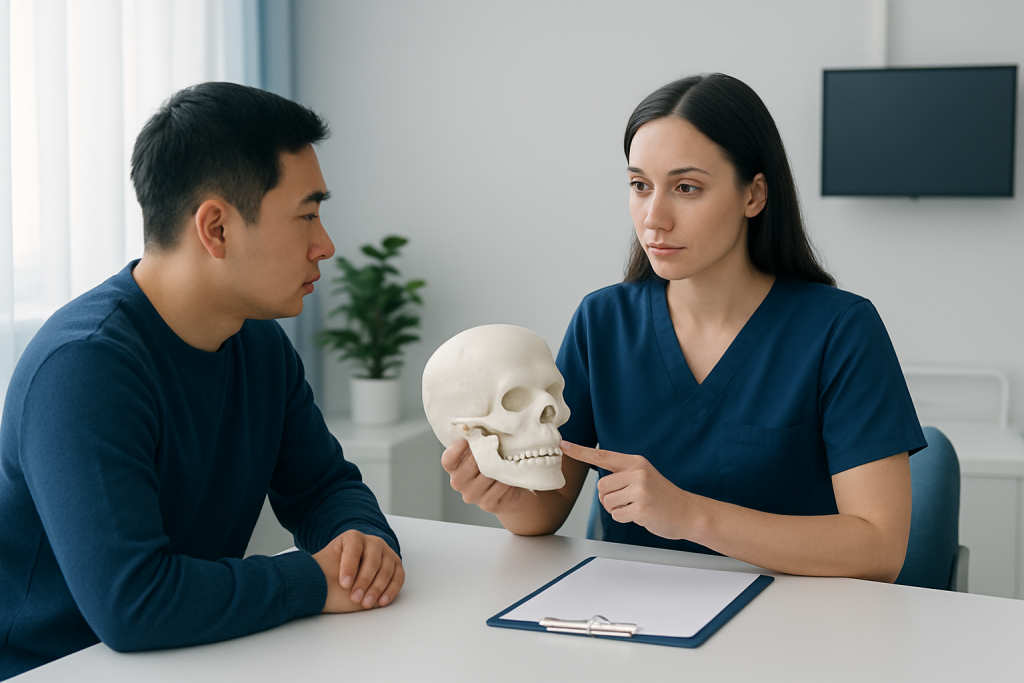 Medical professional explaining jaw anatomy with skull model during consultation.