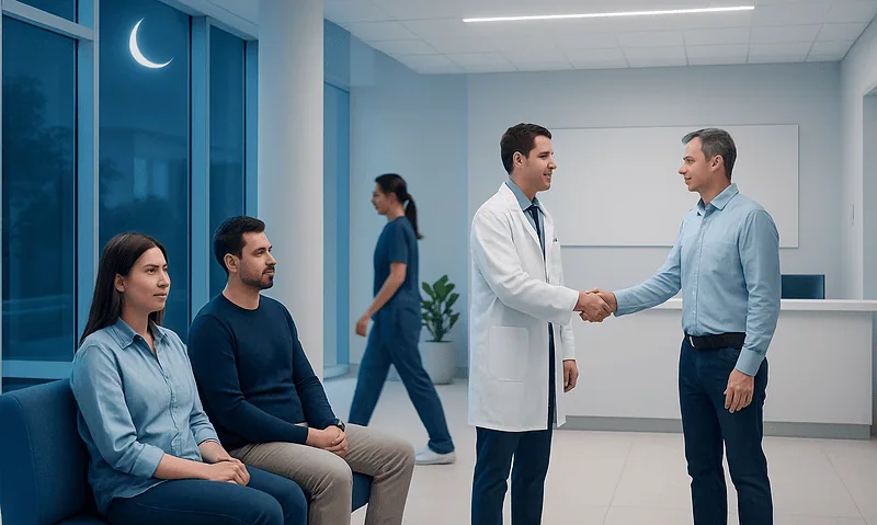Doctor shaking hands with patient in modern hospital lobby at night.